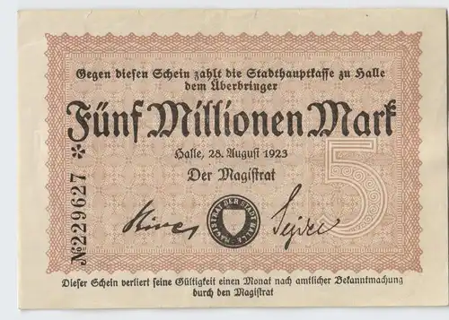 5 Millionen Mark Inflation Banknote Stadthauptkasse Halle 1923 (129212)