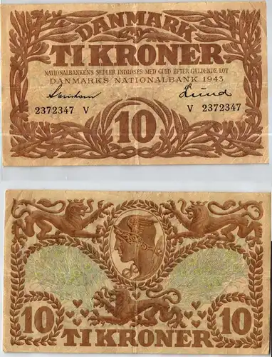 10 Kronen Banknote Dänemark 1943 (123990)