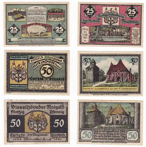 25 & 2 x 50 Pfennig Banknoten Notgeld Flecken Visselhöwede 1922 (129848)