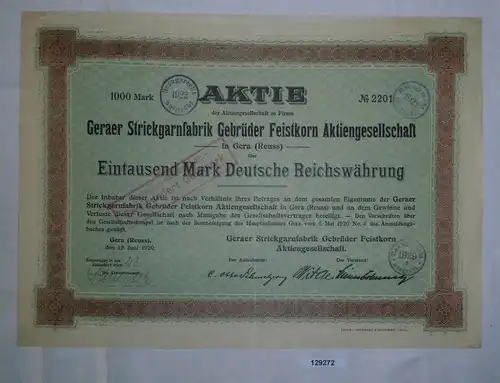 1000 Mark Aktie Geraer Strickgarnfabrik Gebrüder Feistkorn AG 19.6.1920 (129272)