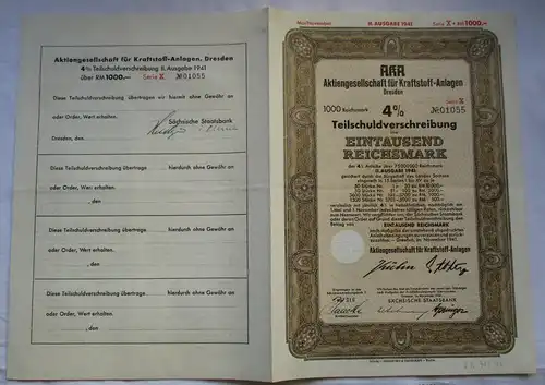 1000 Mark Aktie AKA AG für Kraftstoff-Anlagen Dresden November 1941 (124800)