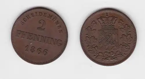 2 Pfennig Kupfer Münze Bayern 1866 ss+ (150921)