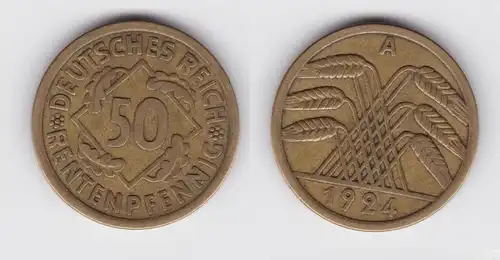 50 Rentenpfennig Messing Münze Weimarer Republik 1924 A Jäger 310 ss (151268)