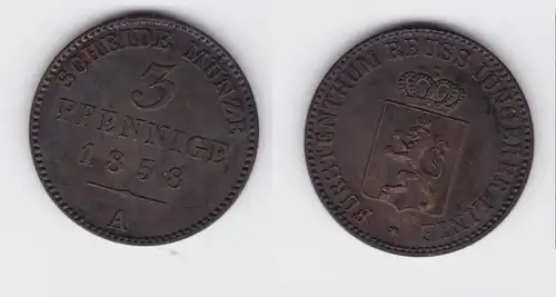 3 Pfennig Kupfer Münze Reuss jüngere Linie 1858 A f.vz (150879)
