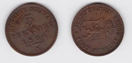 3 Pfennig Kupfer Münze Reuss ältere Linie 1864 A vz (151322)