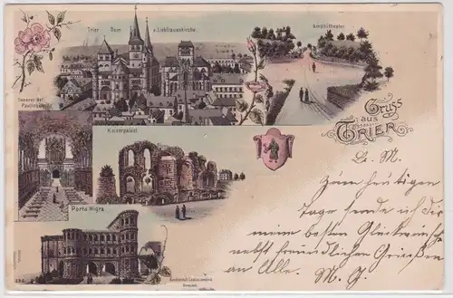 901053 Lithographie Ak Gruss aus Trier - Porta Nigra, Kaiserpalast usw. 1899