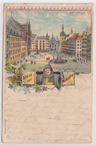 901949 Lithographie Ak Gruss aus München - Marienplatz mit Rathaus 1904