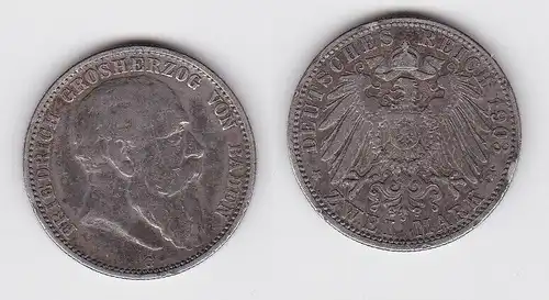 2 Mark Silber Münze Baden Großherzog Friedrich 1904 ss+ (150626)