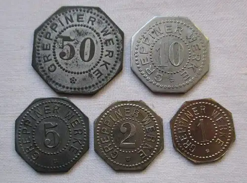 5 x Zink Münzen Notgeld Greppiner Werke Kreis Bitterfeld um 1920 (123353)