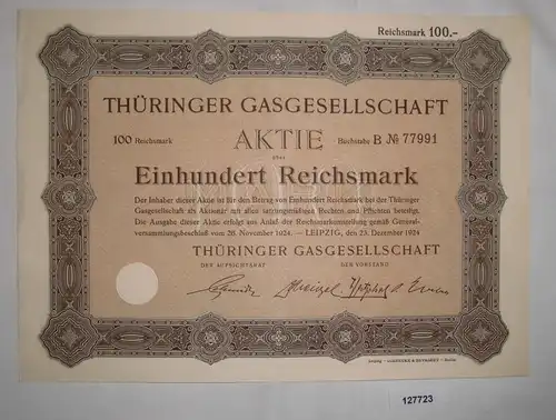 100 Reichsmark Aktie Thüringer Gasgesellschaft Leipzig 23. Dez. 1924  (127723)