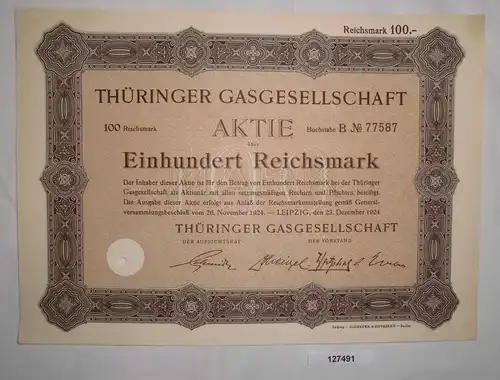 100 Reichsmark Aktie Thüringer Gasgesellschaft Leipzig 23. Dez. 1924  (127491)