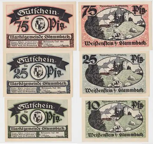 3 Banknoten 10 bis 75 Pfennig Notgeld Marktgemeinde Stammbach 1921 (140203)