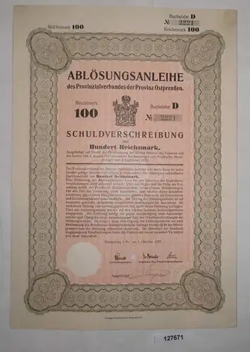 100 Reichsmark Auslosungsschein Provinzialverband Ostpreußen 1.Okt.1927 (127671)