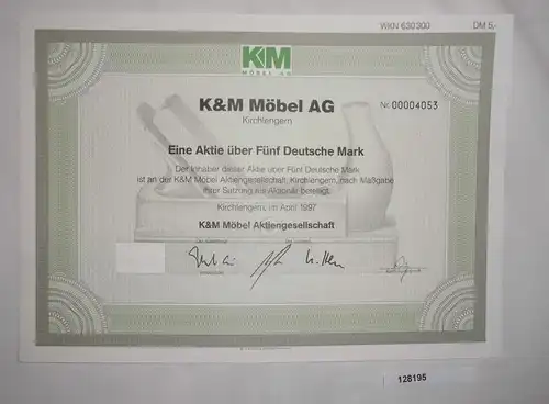 5 Deutsche Mark Aktie K&M Möbel AG Kirchlengern April 1997 (128195)