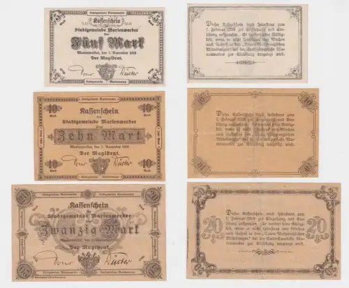 5,10 & 20 Mark Mark Banknoten Notgeld Stadtgemeinde Marienwerder 1918 (134919)