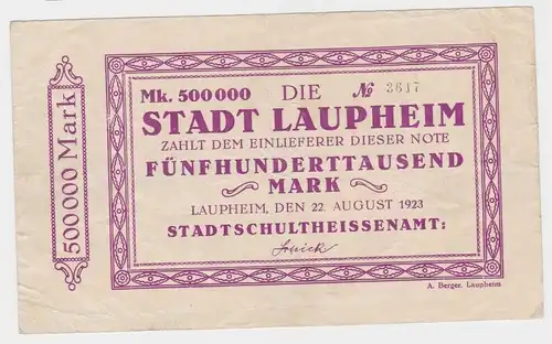 500000 Mark Banknote Inflation Stadt Laupheim 22.08.1923 (121334)
