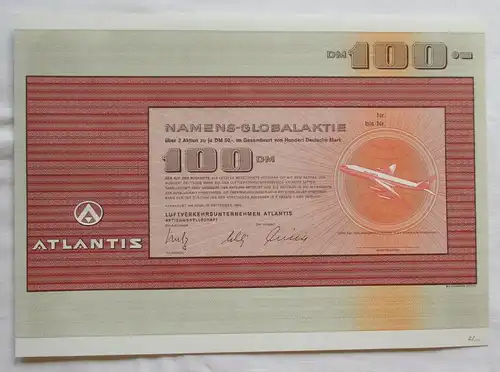 100 DM Aktie Luftverkehrsunternehmen Atlantis AG Frankfurt am Main 1969 (142301)