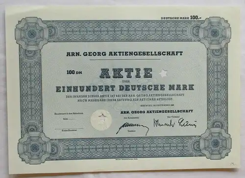 100 Mark Aktie Arn. Georg Aktiengesellschaft Neuwied September 1962 (144185)