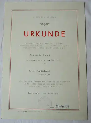 DDR Urkunde Beförderung Deutsche Reichsbahn Dresden Assistent 1979 (133908)