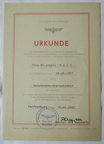 DDR Urkunden Beförderung Deutsche Reichsbahn Dresden Obersekretär 1987 (134965)