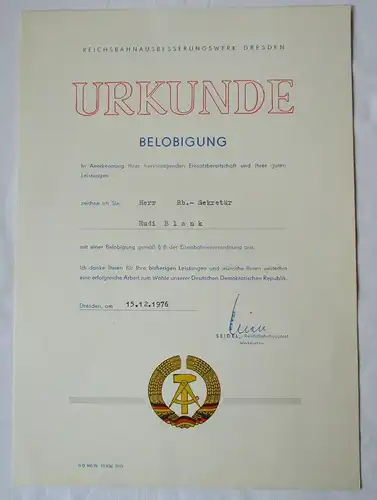 DDR Urkunde Belobigung Reichsbahnausbesserungswerk Dresden 1976 (130173)