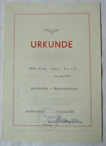 DDR Urkunden Beförderung Deutsche Reichsbahn Dresden Hauptassistent (134862)