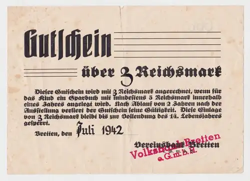 Gutschein über 3 Reichsmark Volksbank Bretten e.GmbH Juli 1942 (133784)
