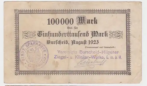 100000 Mark Banknote Burscheid Hilgener Ziegel & Klinkerwerke 1923 (122449)