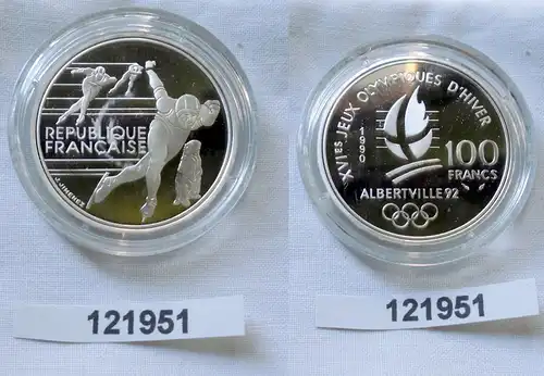 100 Franc Silbermünze Frankreich Olympia 1992 Albertville Eisschnellauf (121951)