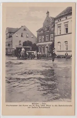 69532 AK Weida - Hochwasser 1924, Bahnhofstraße mit Selle's Schuhfabrik