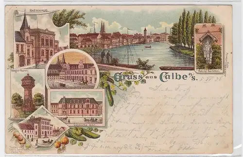 75578 Ak Lithographie Gruß aus Calbe a.S. Amtsgericht, Post, Wasserturm 1898