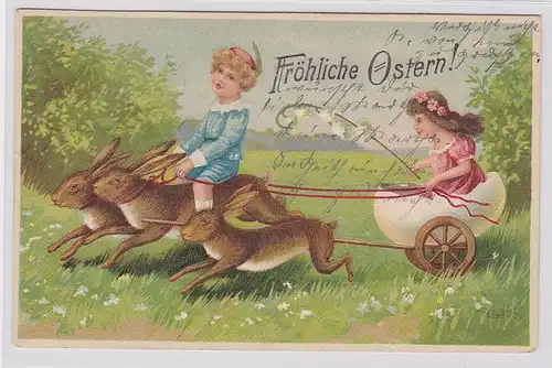 87541 Glückwunsch AK Fröhliche Ostern! Kinder in Eierschalen Kutsche, Hase zieht
