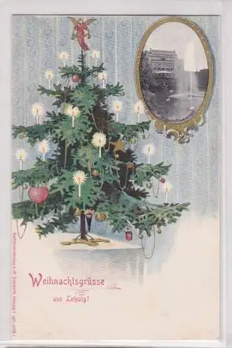 21859 Ak Weihnachtsgrüße aus Leipzig Theater und Schwanenteich um 1900
