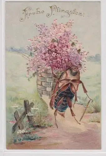 37558 Frohe Pfingsten Präge Ak Maikäfer trägt Korb mit Blumen 1906