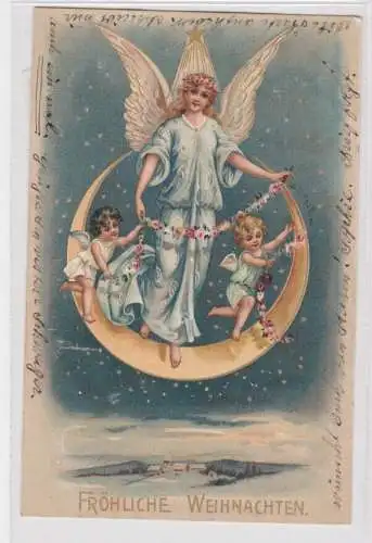 39510 Fröhliche Weihnachten Ak 3 Engel sitzen auf Mondsichel 1901