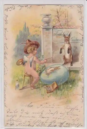 88967 Fröhliche Ostern Ak Engel malt Osterhase auf Osterei 1900