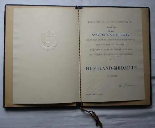 DDR Verleihungsurkunde Hufeland-Medaille Silber 1966 Unterschrift Sefrin /164540