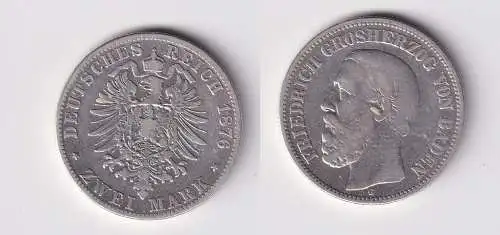 2 Mark Silber Münze Baden Großherzog Friedrich 1876 Jäger 26 s/ss (165742)