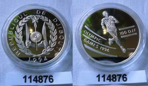 100 Francs Silber Münze Djibouti Olympiade 1996 Atlanta Marathonläufer (114876)