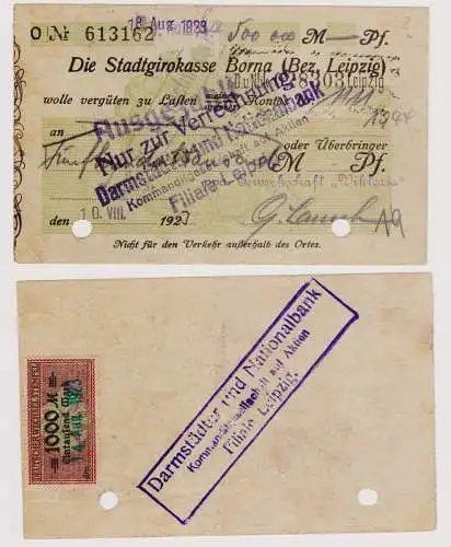 Firmenscheck 500000 Mark Banknote Stadtgirokasse Borna 10.8.1923 (120327)