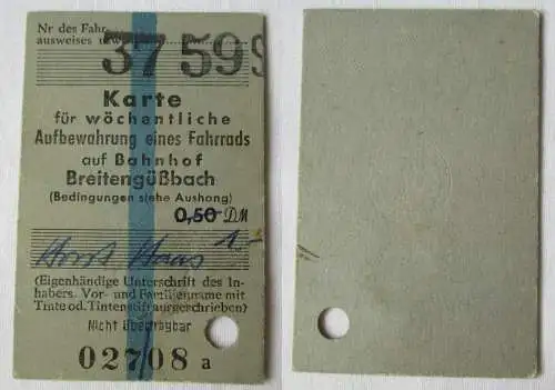 Fahrrad Aufbewahrungswochenkarte Bahnhof Breitengüßbach 37/1959 (142783)