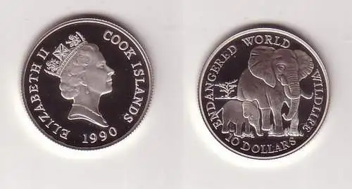 10 Dollar Silbermünze Cook Inseln 1990 Bedrohte Tierwelt Elefanten (105654)