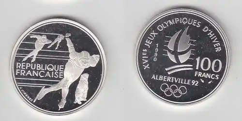 100 Franc Silbermünze Frankreich Olympia 1992 Albertville Eisschnellauf (116508)