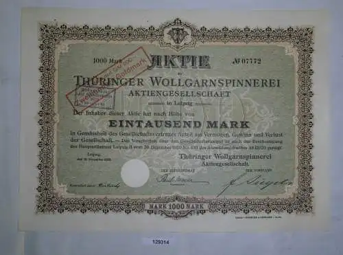 1000 Mark Aktie Thüringer Wollgarnspinnerei AG Leipzig 31.Dezember 1920 (129314)