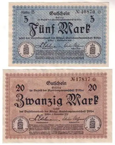 5 und 20 Mark Banknote Notgeld Amtshauptmannschaft Flöha 1.11.1918 (111356)