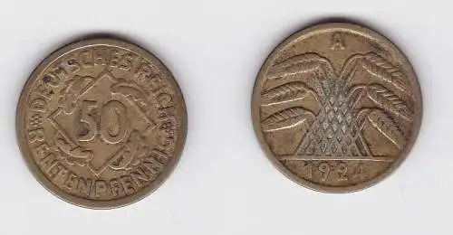 50 Rentenpfennig Messing Münze Weimarer Republik 1924 A Jäger 310 (120532)