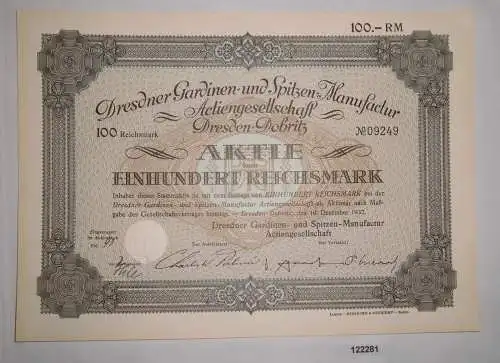 100 RM Aktie Dresdner Gardinen & Spitzen-Manufaktur AG 16.Dezember 1932 (122281)