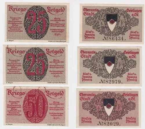 3 Banknoten Kriegsnotgeld Oberamtsstadt Geislingen a.St. 1920 (130407)