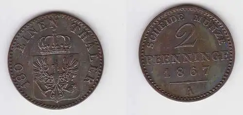 2 Pfennige Bronze Münze Preussen 1867 A vz/Stgl. (150175)