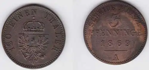 3 Pfennige Kupfer Münze Preussen 1869 A f.vz (150058)